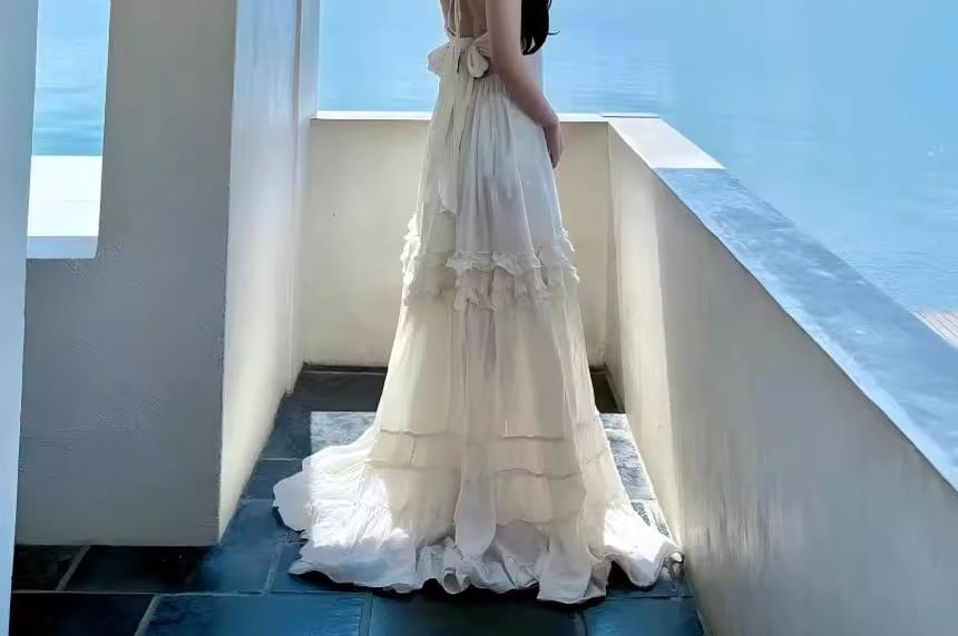 Maxi Plain Ruffle Tiered A-Line Halter Dress