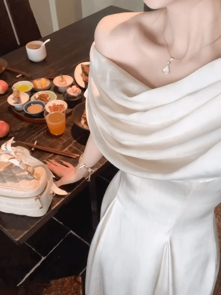 Dress One Shoulder A-Line Maxi Short Panel Drawstring Sleeve