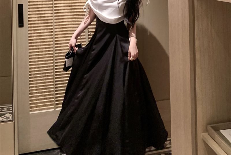 Dress One Shoulder A-Line Maxi Short Panel Drawstring Sleeve