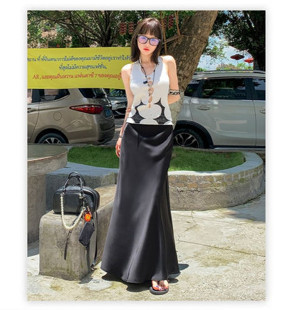 Mid Rise Plain Maxi Fishtail Skirt