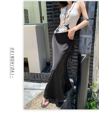 Mid Rise Plain Maxi Fishtail Skirt
