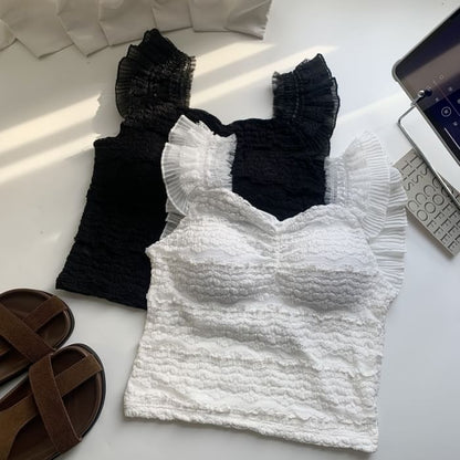 Textured Lace Trim Ruffle Tank
