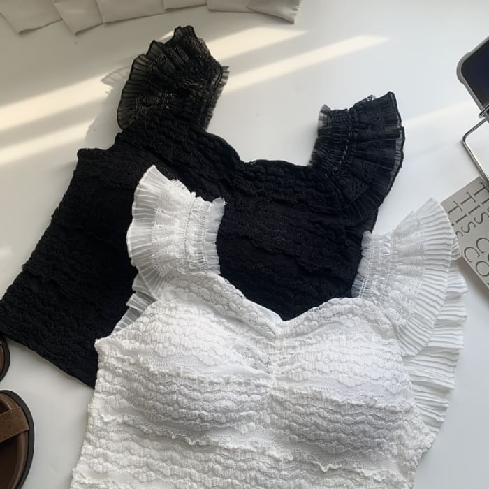 Textured Lace Trim Ruffle Tank