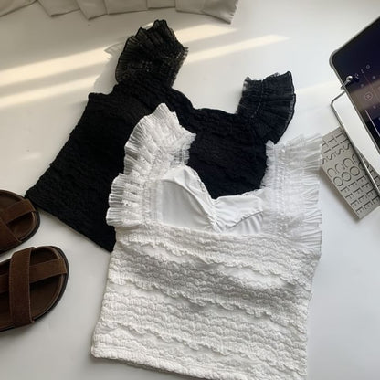 Textured Lace Trim Ruffle Tank