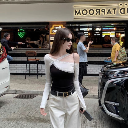 One-Shoulder Two Tone Lace Tee