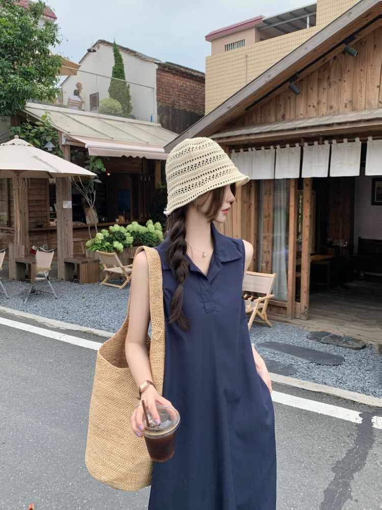 Dress Plain Maxi Collared A-Line Sleeveless