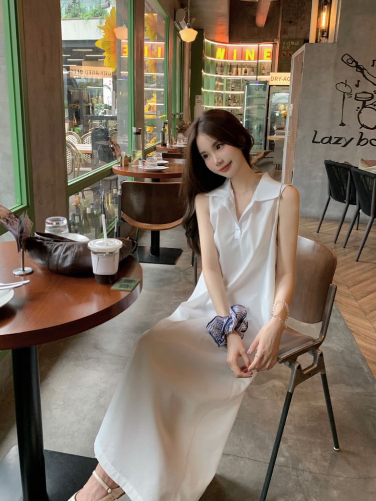 Dress Plain Maxi Collared A-Line Sleeveless