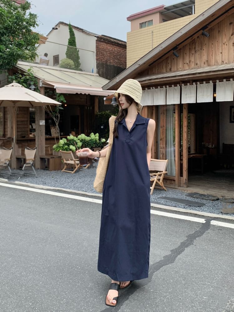 Dress Plain Maxi Collared A-Line Sleeveless