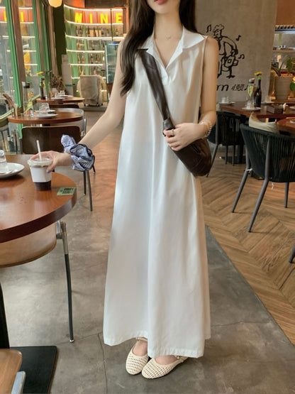 Dress Plain Maxi Collared A-Line Sleeveless