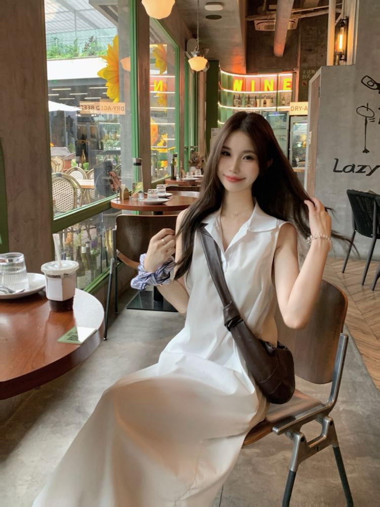 Dress Plain Maxi Collared A-Line Sleeveless
