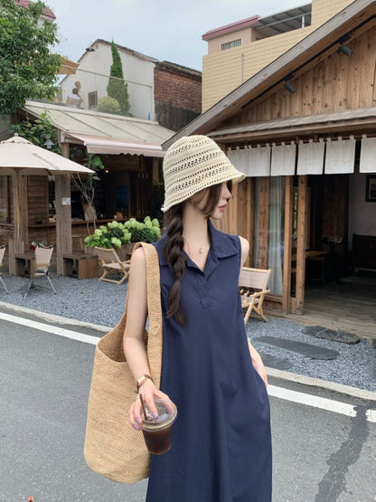 Dress Plain Maxi Collared A-Line Sleeveless