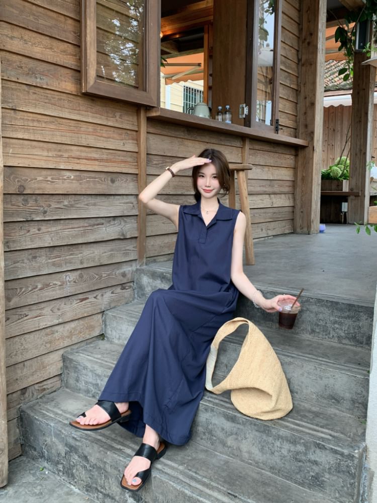 Dress Plain Maxi Collared A-Line Sleeveless