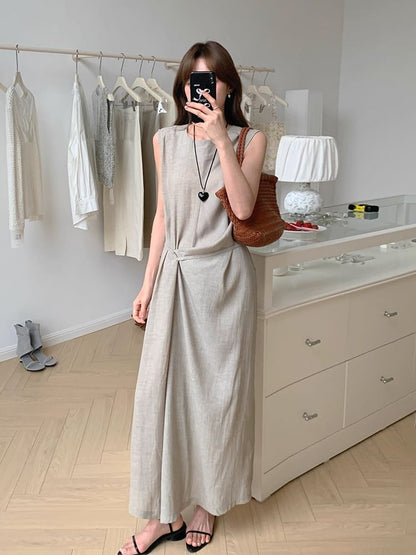 Sleeveless Ruched Plain Maxi Dress Neck Round A-Line