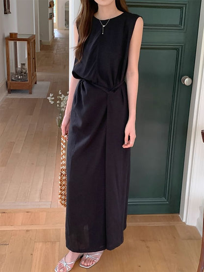 Sleeveless Ruched Plain Maxi Dress Neck Round A-Line