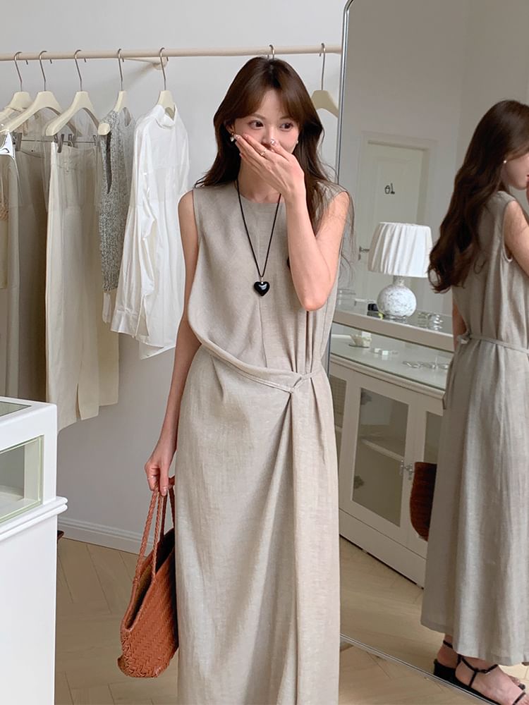Sleeveless Ruched Plain Maxi Dress Neck Round A-Line