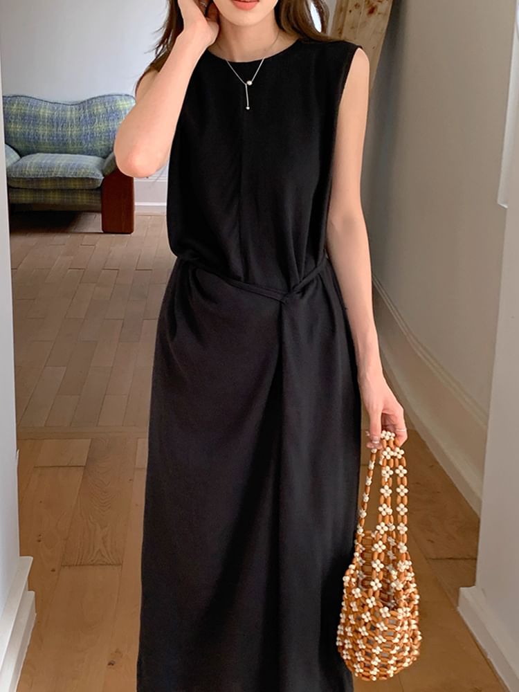 Sleeveless Ruched Plain Maxi Dress Neck Round A-Line