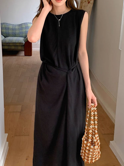 Sleeveless Ruched Plain Maxi Dress Neck Round A-Line