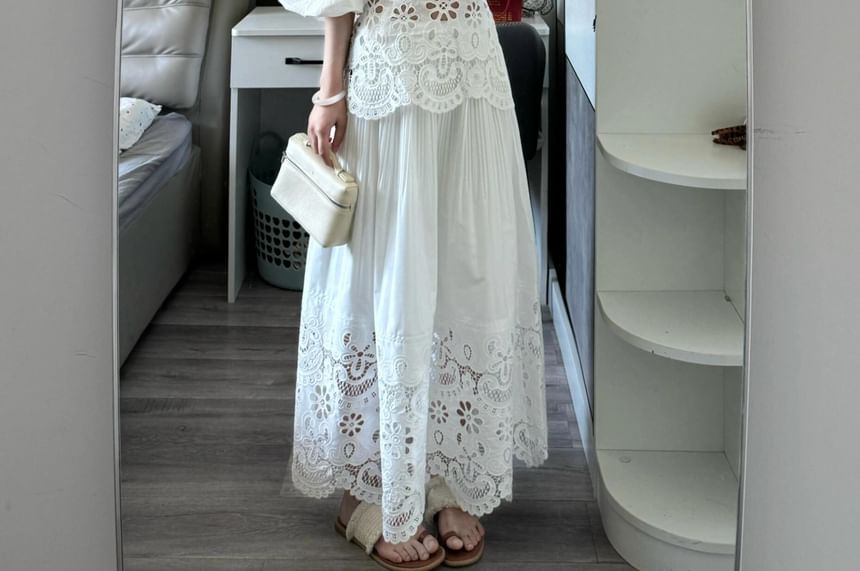 Puff Sleeve Lace Blouse & A-Line Skirt