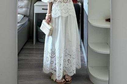 Puff Sleeve Lace Blouse & A-Line Skirt