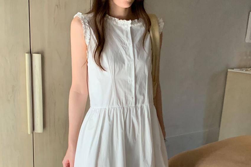 Sleeveless Dress Neck Maxi Plain Button A-Line Round Frill