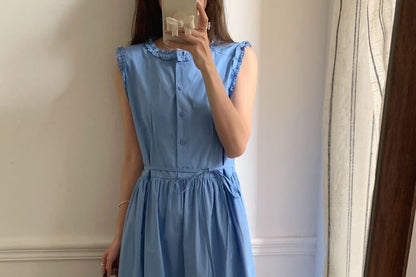 Sleeveless Dress Neck Maxi Plain Button A-Line Round Frill