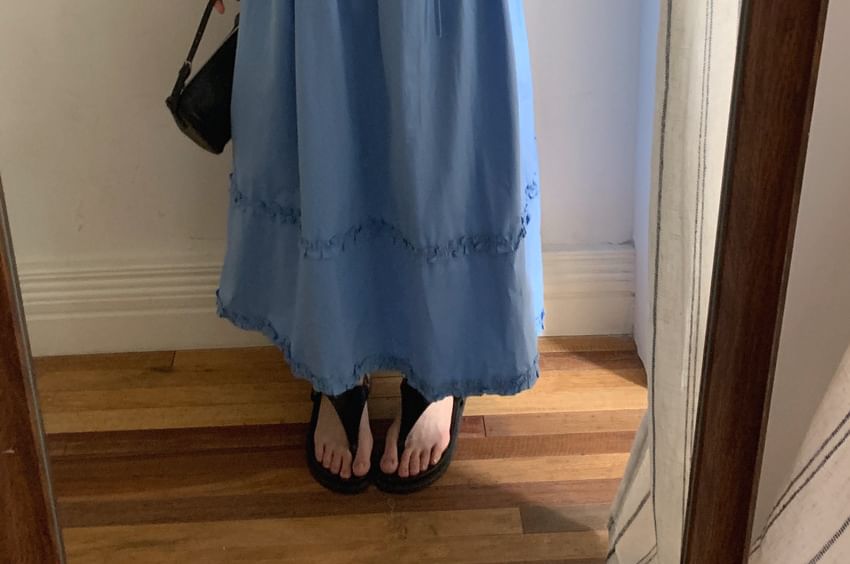 Sleeveless Dress Neck Maxi Plain Button A-Line Round Frill