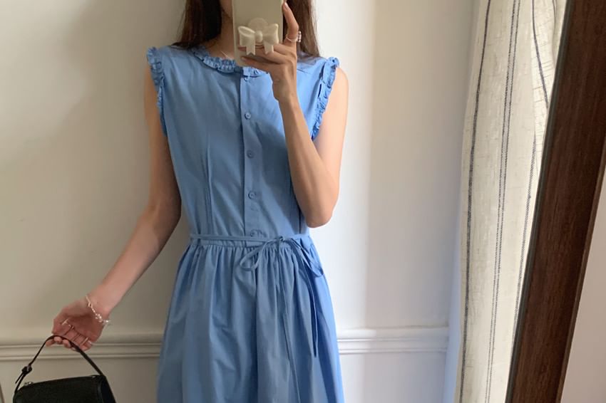 Sleeveless Dress Neck Maxi Plain Button A-Line Round Frill