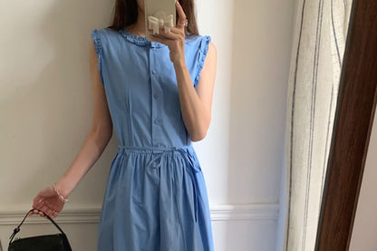 Sleeveless Dress Neck Maxi Plain Button A-Line Round Frill