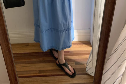 Sleeveless Dress Neck Maxi Plain Button A-Line Round Frill