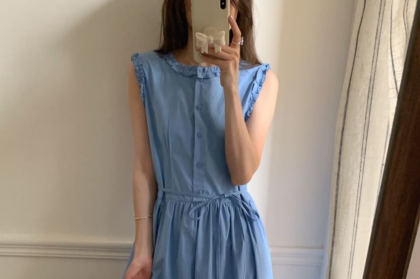 Sleeveless Dress Neck Maxi Plain Button A-Line Round Frill