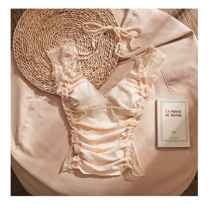 Sleeveless Jacquard Halter Ruffle Lace Crop Top
