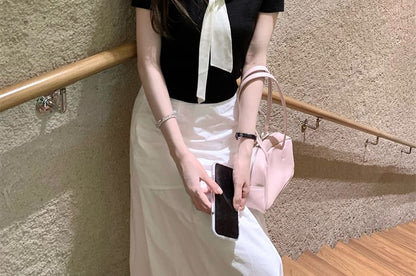Short Sleeve V-Neck Top High Waist Maxi A-Line Skirt