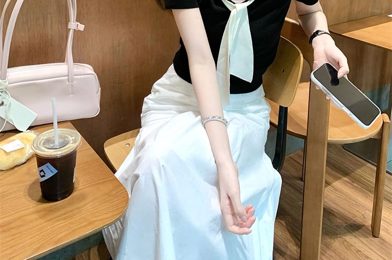 Short Sleeve V-Neck Top High Waist Maxi A-Line Skirt