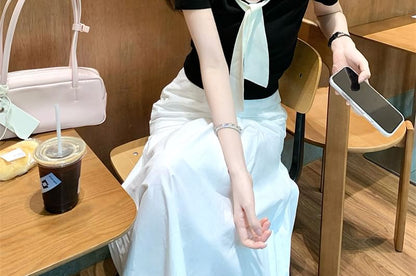 Short Sleeve V-Neck Top High Waist Maxi A-Line Skirt