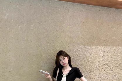 Short Sleeve V-Neck Top High Waist Maxi A-Line Skirt