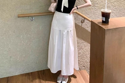 Short Sleeve V-Neck Top High Waist Maxi A-Line Skirt