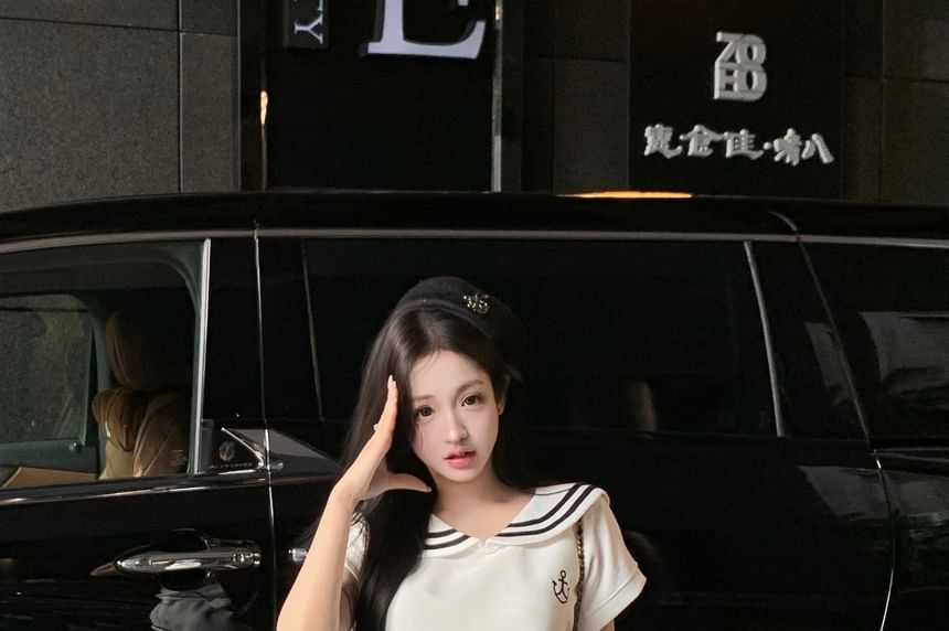 Short Sleeve Sailor Collar Polo Top Mini A-Line Skirt