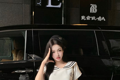 Short Sleeve Sailor Collar Polo Top Mini A-Line Skirt