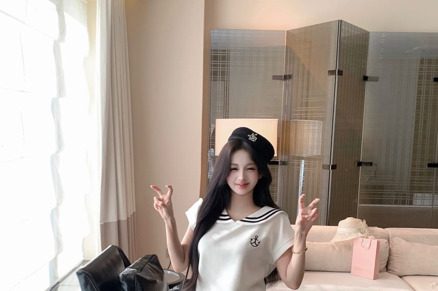 Short Sleeve Sailor Collar Polo Top Mini A-Line Skirt