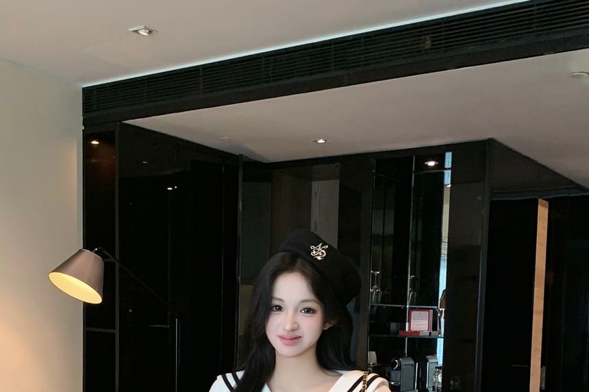 Short Sleeve Sailor Collar Polo Top Mini A-Line Skirt