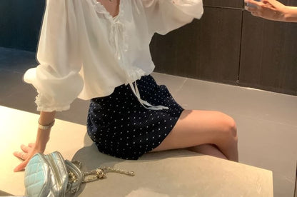 Long Sleeve V-Neck Frill Trim Plain Top Dotted Mini Skirt