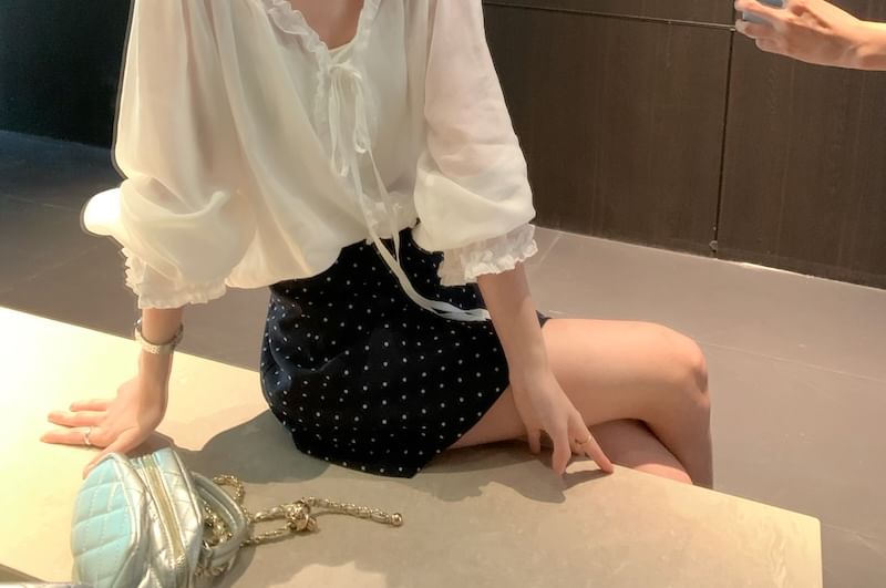 Long Sleeve V-Neck Frill Trim Plain Top Dotted Mini Skirt