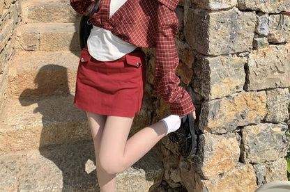 Mock Two Piece Long Sleeve Cold Shoulder Plaid Crop Top Mini Skirt