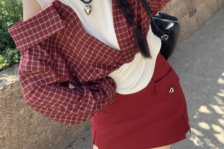 Mock Two Piece Long Sleeve Cold Shoulder Plaid Crop Top Mini Skirt