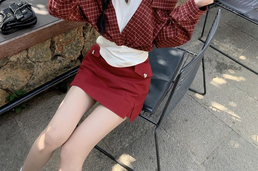 Mock Two Piece Long Sleeve Cold Shoulder Plaid Crop Top Mini Skirt