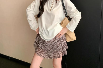 Long Sleeve Half Buttoned Plain Top Leopard Print Mini Skirt