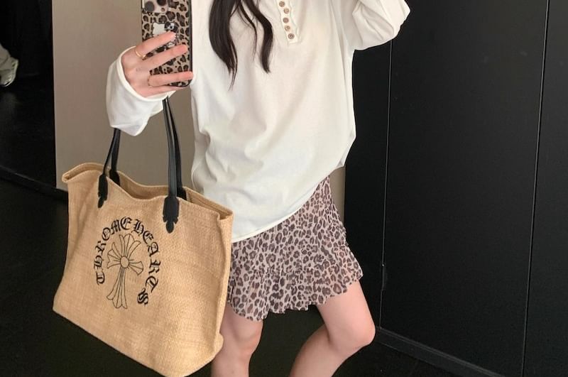 Long Sleeve Half Buttoned Plain Top Leopard Print Mini Skirt