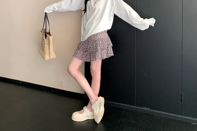 Long Sleeve Half Buttoned Plain Top Leopard Print Mini Skirt