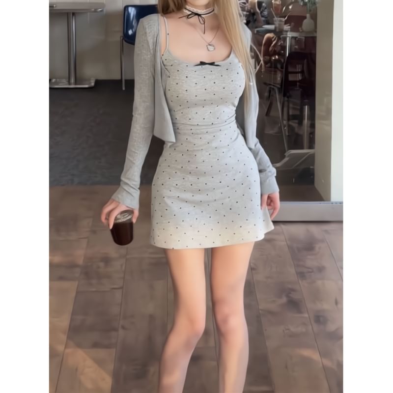 Plain Crop Cardigan / Spaghetti Strap Dotted Mini Bodycon Dress / Set