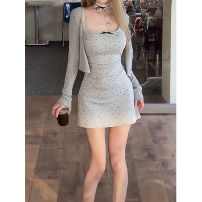Plain Crop Cardigan / Spaghetti Strap Dotted Mini Bodycon Dress / Set